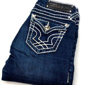 VINTAGE L.A. IDOL DENIM ROLL UP CAPRIS 28x23 CRYSTAL STUDS 💎